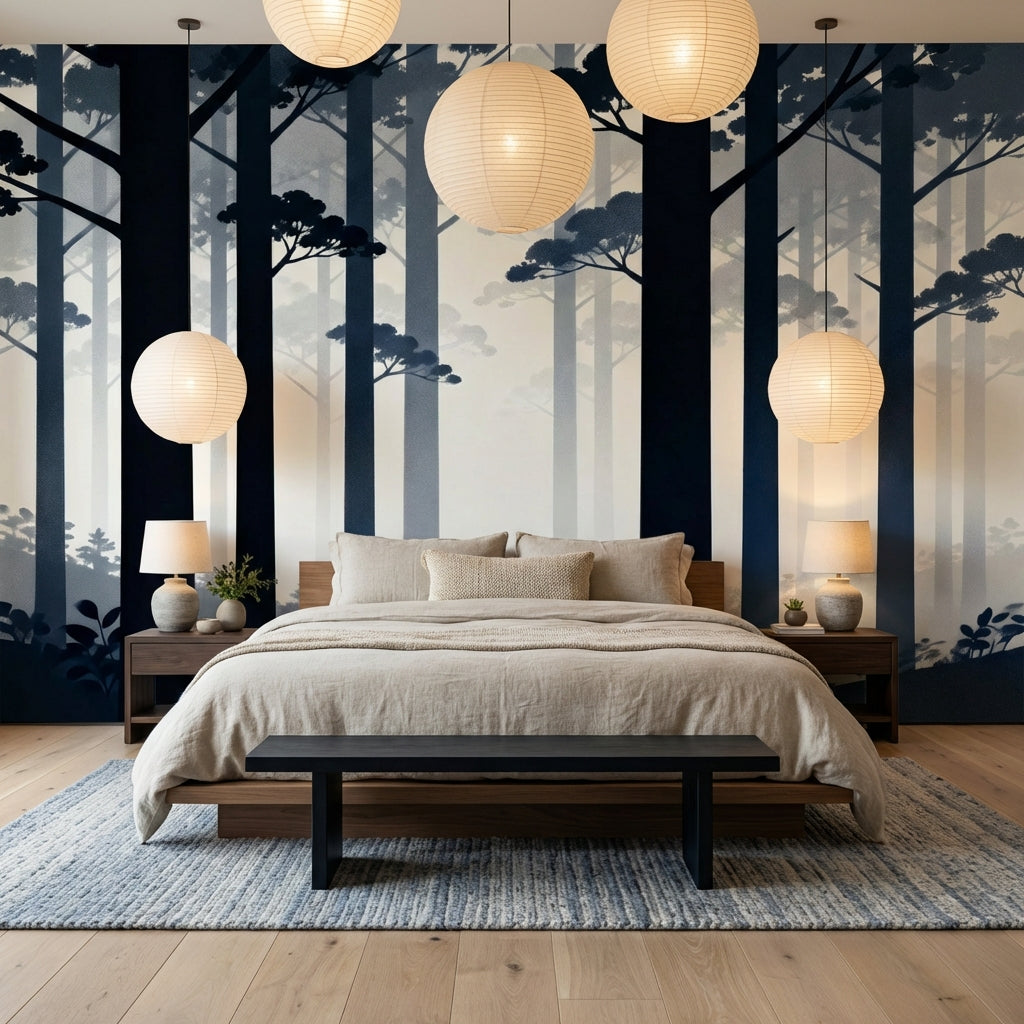 Minimalist Indigo Mist Pine Forest Mural Japandi Biophilic Wall Art – scale reference, Golden Era Walls