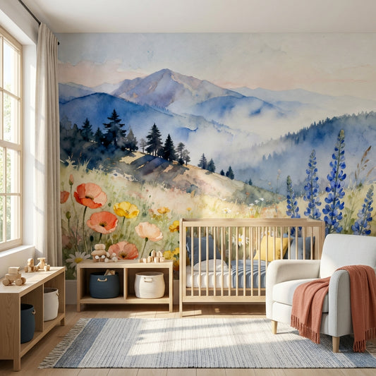 Misty Watercolor Mountain Meadow Mural Wildflowers Biophilic – peel and stick wallpaper mural, Golden Era Walls