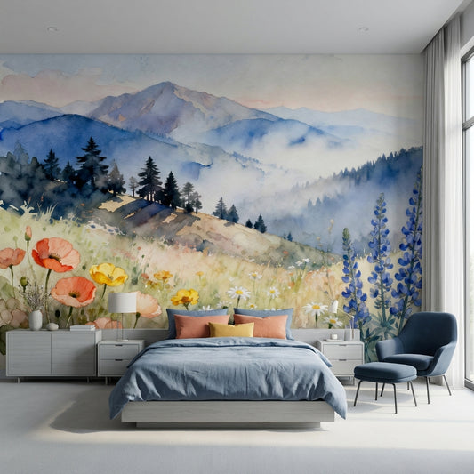Misty Watercolor Mountain Meadow Mural Wildflowers Biophilic – room setting, Golden Era Walls