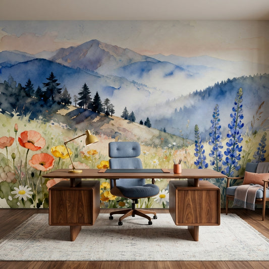 Misty Watercolor Mountain Meadow Mural Wildflowers Biophilic – lifestyle view, Golden Era Walls