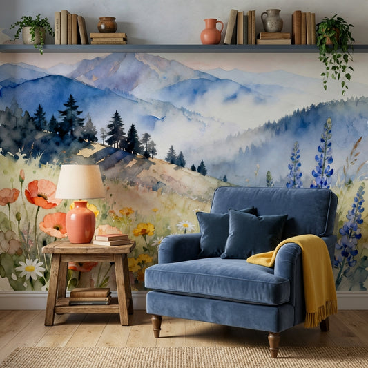 Misty Watercolor Mountain Meadow Mural Wildflowers Biophilic – detail view, Golden Era Walls