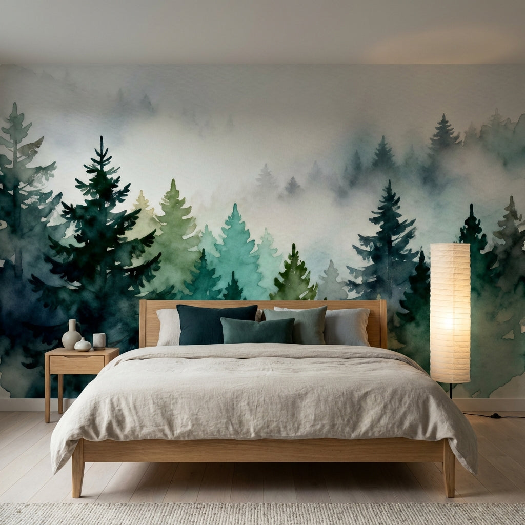 Misty Watercolor Pine Forest Mural Biophilic Sage Green Landscape – peel and stick wallpaper mural, Golden Era Walls