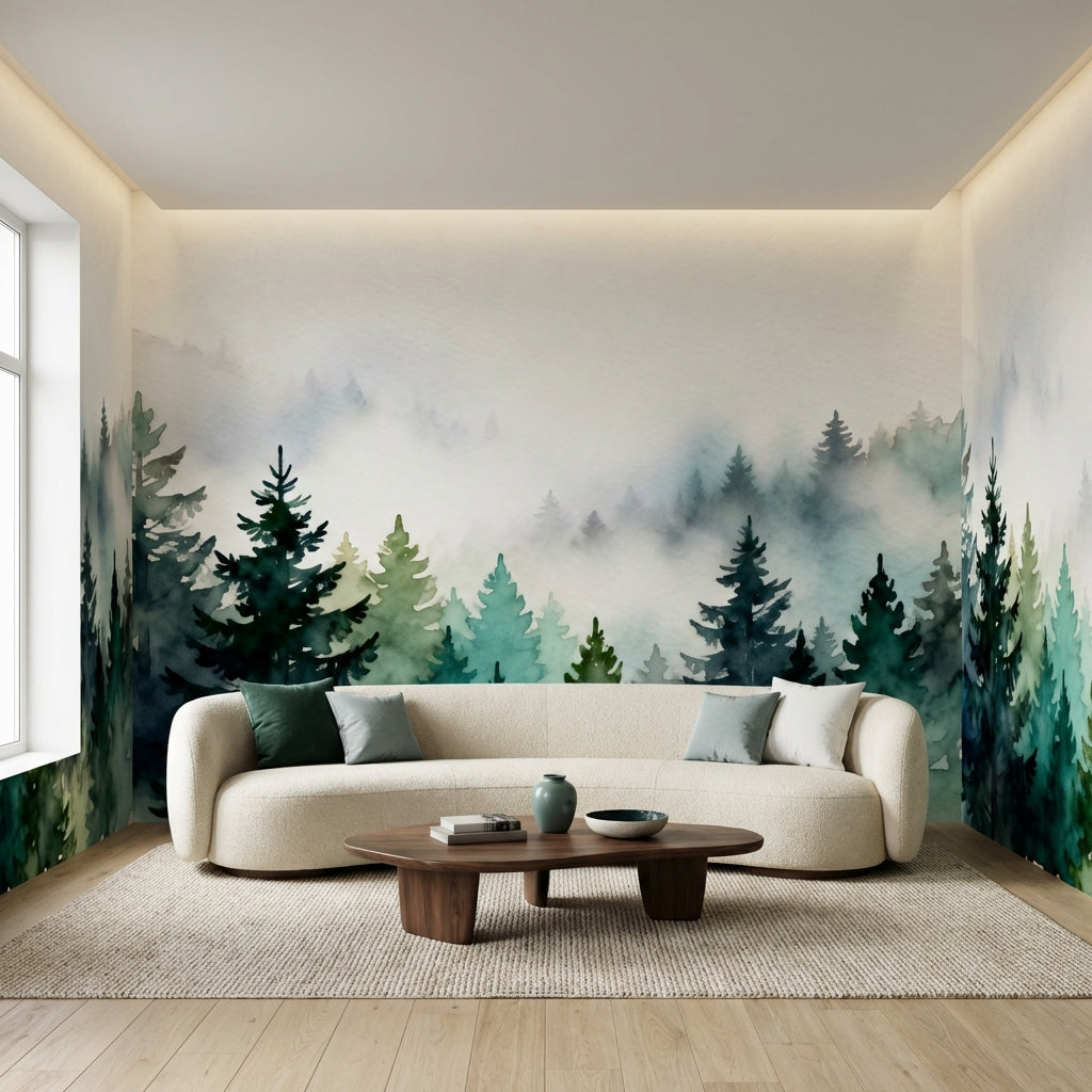 Misty Watercolor Pine Forest Mural Biophilic Sage Green Landscape – lifestyle view, Golden Era Walls