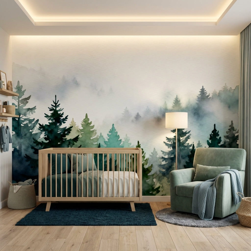 Misty Watercolor Pine Forest Mural Biophilic Sage Green Landscape – detail view, Golden Era Walls