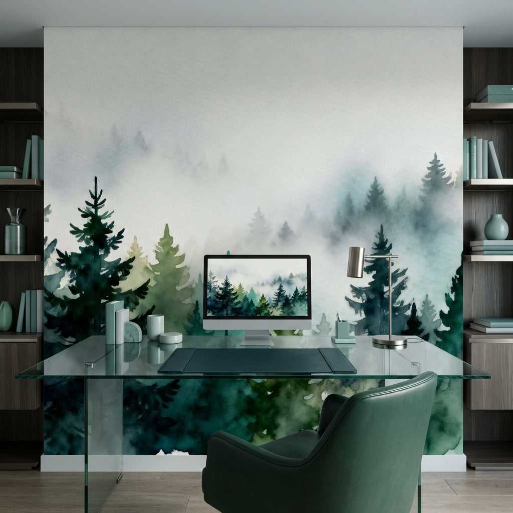 Misty Watercolor Pine Forest Mural Biophilic Sage Green Landscape – scale reference, Golden Era Walls