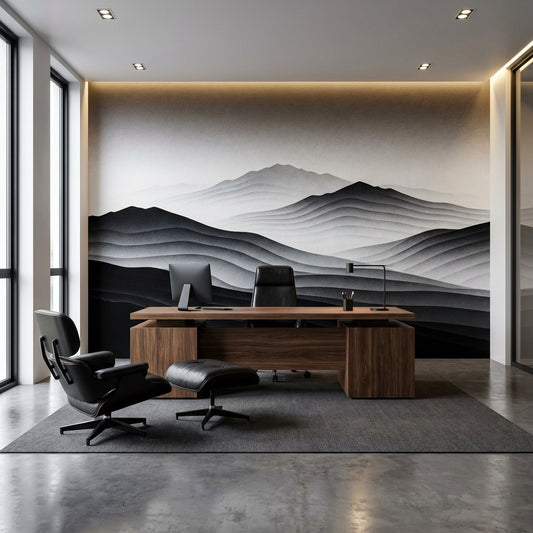 Monochrome Layered Mountain Mural Black and White Japandi Wallpaper – peel and stick wallpaper mural, Golden Era Walls