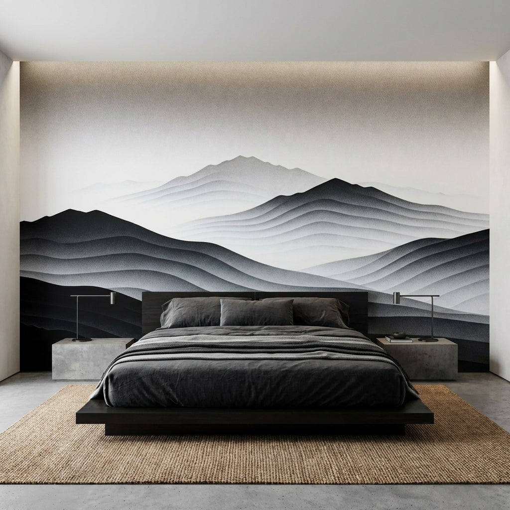 Monochrome Layered Mountain Mural Black and White Japandi Wallpaper – room setting, Golden Era Walls