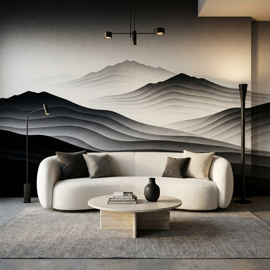 Monochrome Layered Mountain Mural Black and White Japandi Wallpaper – lifestyle view, Golden Era Walls
