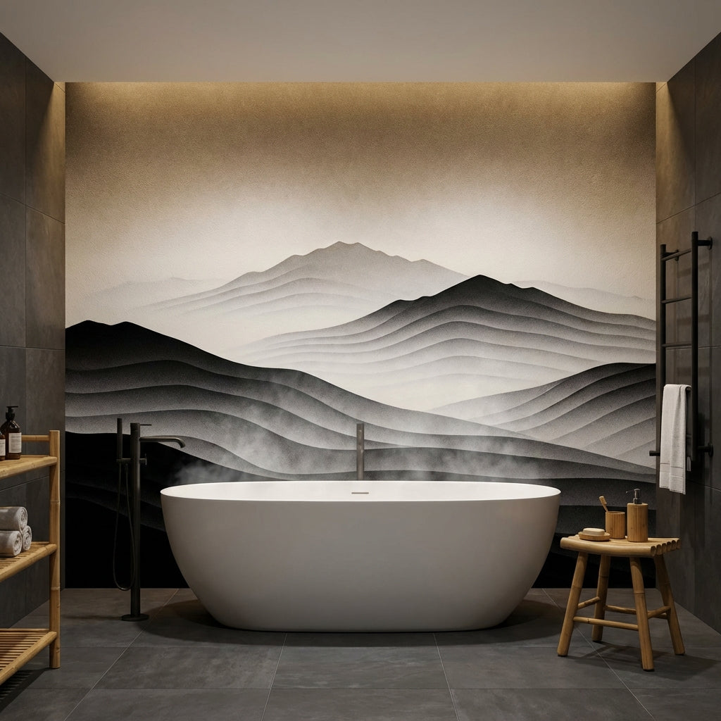 Monochrome Layered Mountain Mural Black and White Japandi Wallpaper – detail view, Golden Era Walls