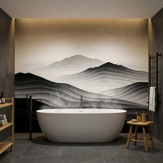 Monochrome Layered Mountain Mural Black and White Japandi Wallpaper – detail view, Golden Era Walls
