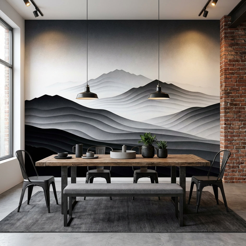 Monochrome Layered Mountain Mural Black and White Japandi Wallpaper – scale reference, Golden Era Walls