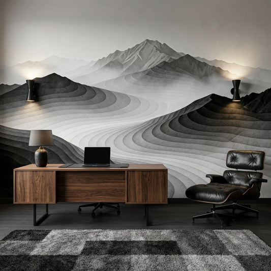 Monochrome Mist Topographic Mountain Mural Japandi Layered Landscape – peel and stick wallpaper mural, Golden Era Walls