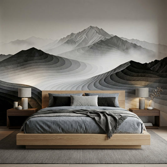 Monochrome Mist Topographic Mountain Mural Japandi Layered Landscape – room setting, Golden Era Walls
