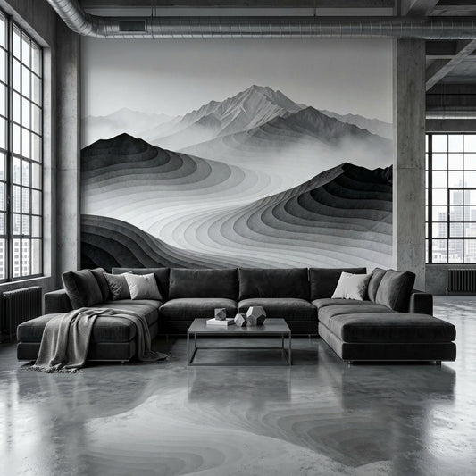 Monochrome Mist Topographic Mountain Mural Japandi Layered Landscape – lifestyle view, Golden Era Walls