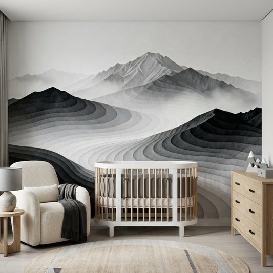 Monochrome Mist Topographic Mountain Mural Japandi Layered Landscape – detail view, Golden Era Walls