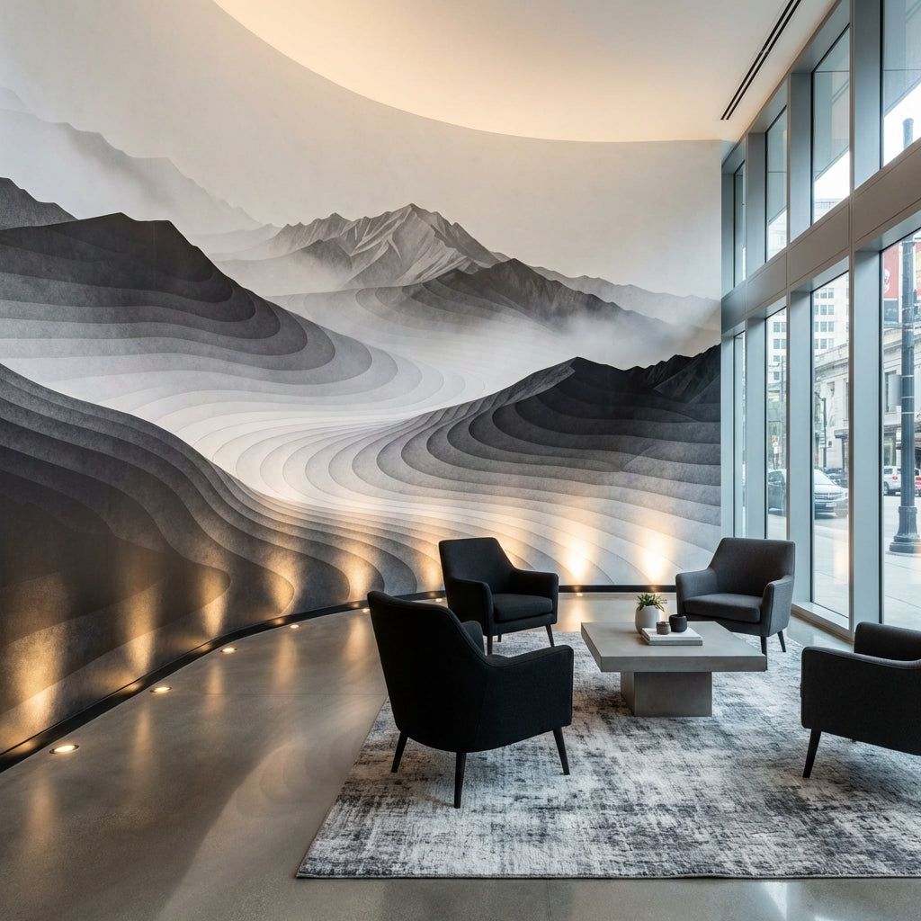 Monochrome Mist Topographic Mountain Mural Japandi Layered Landscape – scale reference, Golden Era Walls