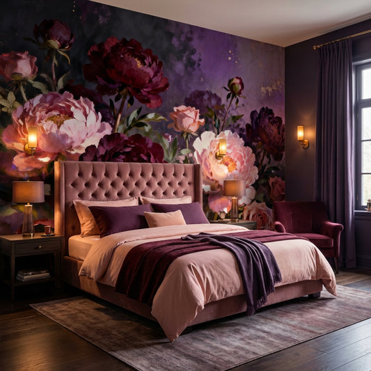 Moody Dutch Masters Peony Wallpaper Mural Luxury Romantic Bedroom – room setting, Golden Era Walls