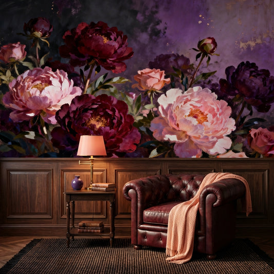 Moody Dutch Masters Peony Wallpaper Mural Luxury Romantic Bedroom – lifestyle view, Golden Era Walls