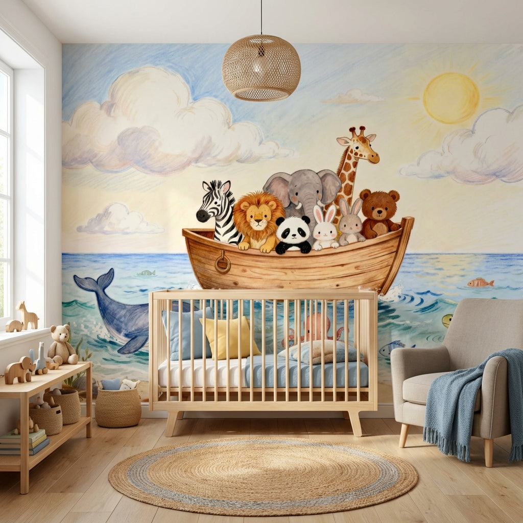 Noahs Ark Watercolor Mural Whimsical Ocean Nursery Wallpaper – peel and stick wallpaper mural, Golden Era Walls