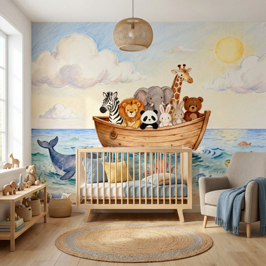 Noahs Ark Watercolor Mural Whimsical Ocean Nursery Wallpaper – peel and stick wallpaper mural, Golden Era Walls