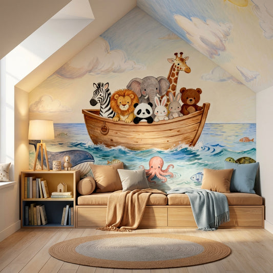 Noahs Ark Watercolor Mural Whimsical Ocean Nursery Wallpaper – room setting, Golden Era Walls