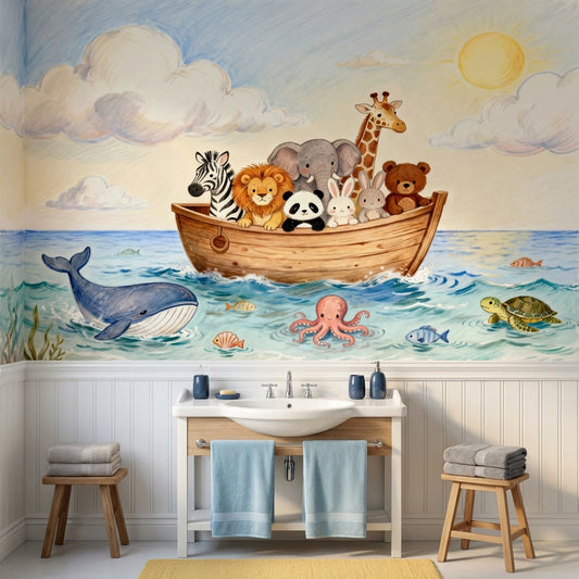 Noahs Ark Watercolor Mural Whimsical Ocean Nursery Wallpaper – lifestyle view, Golden Era Walls