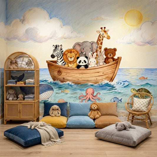Noahs Ark Watercolor Mural Whimsical Ocean Nursery Wallpaper – detail view, Golden Era Walls