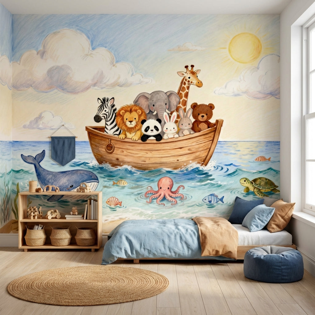 Noahs Ark Watercolor Mural Whimsical Ocean Nursery Wallpaper – scale reference, Golden Era Walls