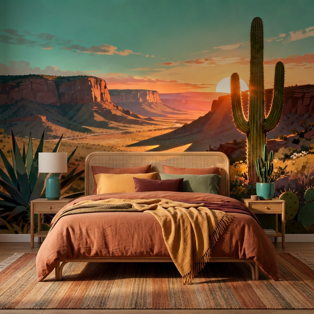 Painted Sedona Sunset Desert Mural – room setting, Golden Era Walls