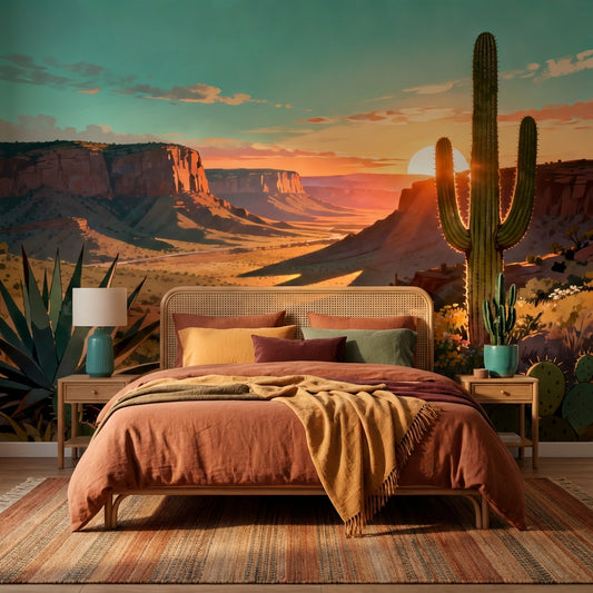 Painted Sedona Sunset Desert Mural – room setting, Golden Era Walls
