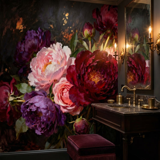 Renaissance Peony Dark Academia Floral Oil Mural Wallpaper – peel and stick wallpaper mural, Golden Era Walls