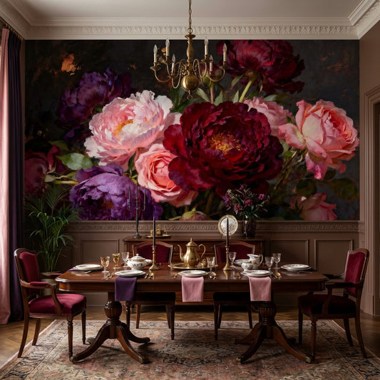 Renaissance Peony Dark Academia Floral Oil Mural Wallpaper – room setting, Golden Era Walls