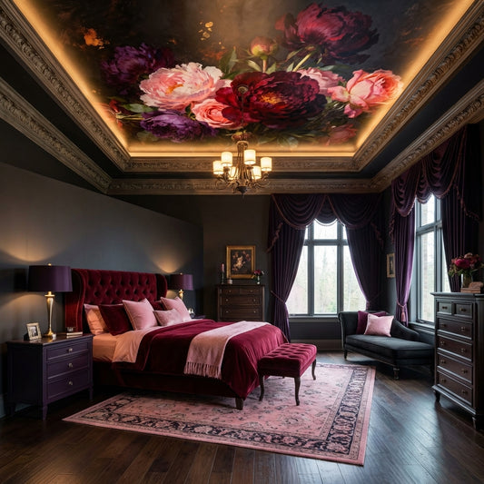 Renaissance Peony Dark Academia Floral Oil Mural Wallpaper – lifestyle view, Golden Era Walls