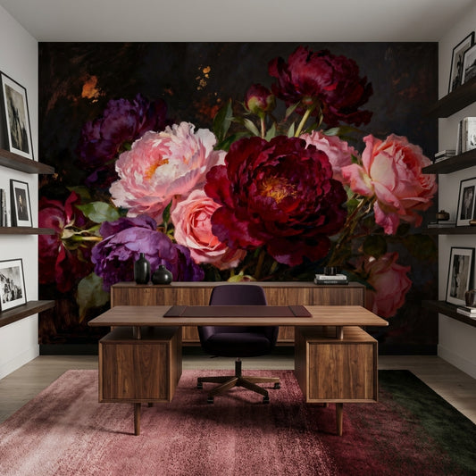 Renaissance Peony Dark Academia Floral Oil Mural Wallpaper – detail view, Golden Era Walls