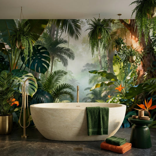 Secret Rainforest Path Mural Biophilic Botanical Wallpaper – peel and stick wallpaper mural, Golden Era Walls