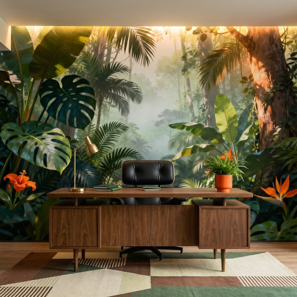 Secret Rainforest Path Mural Biophilic Botanical Wallpaper – room setting, Golden Era Walls