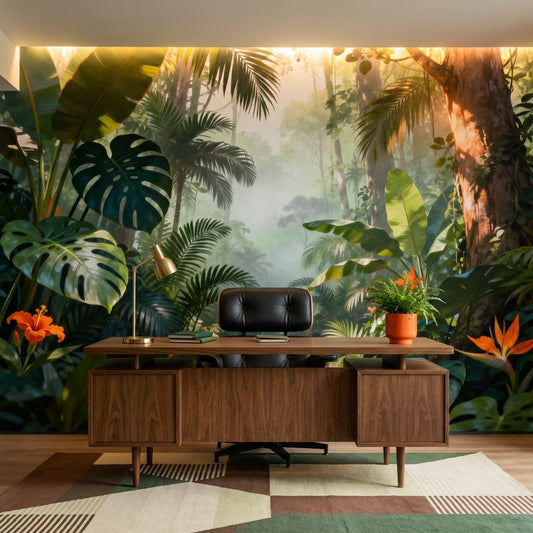 Secret Rainforest Path Mural Biophilic Botanical Wallpaper – room setting, Golden Era Walls