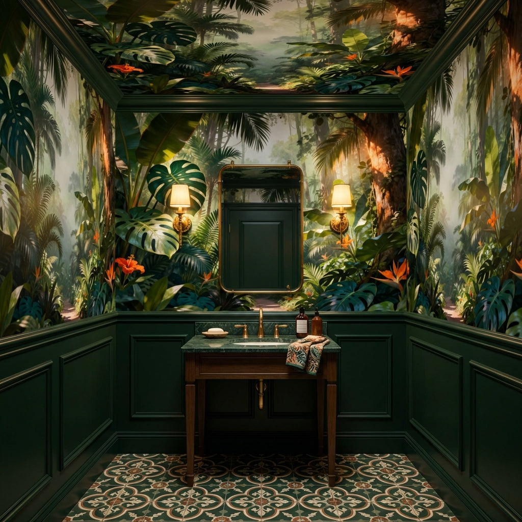 Secret Rainforest Path Mural Biophilic Botanical Wallpaper – lifestyle view, Golden Era Walls