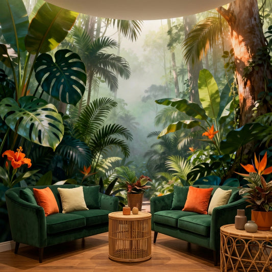 Secret Rainforest Path Mural Biophilic Botanical Wallpaper – detail view, Golden Era Walls