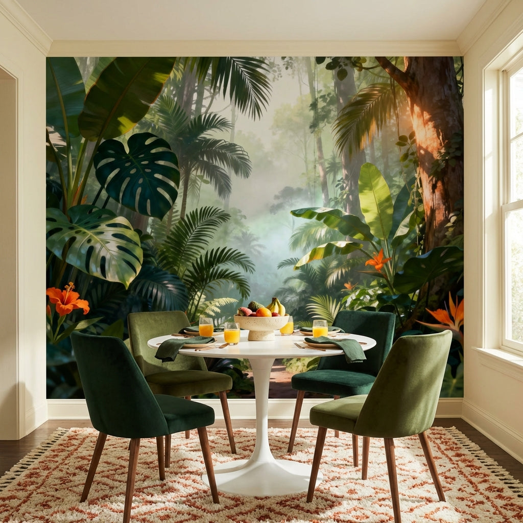 Secret Rainforest Path Mural Biophilic Botanical Wallpaper – scale reference, Golden Era Walls