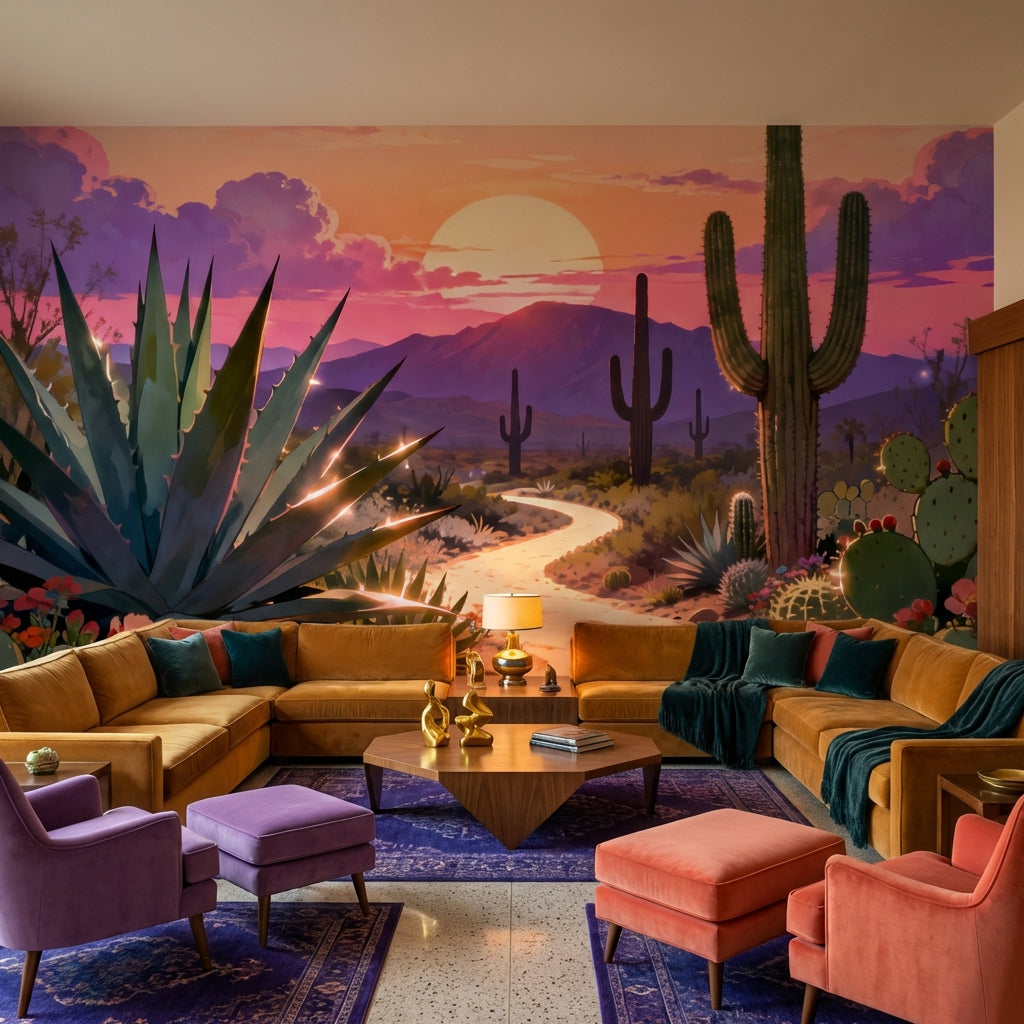 Sensorial Surrealist Desert Sunset Mural Vibrant Biophilic Cactus – peel and stick wallpaper mural, Golden Era Walls