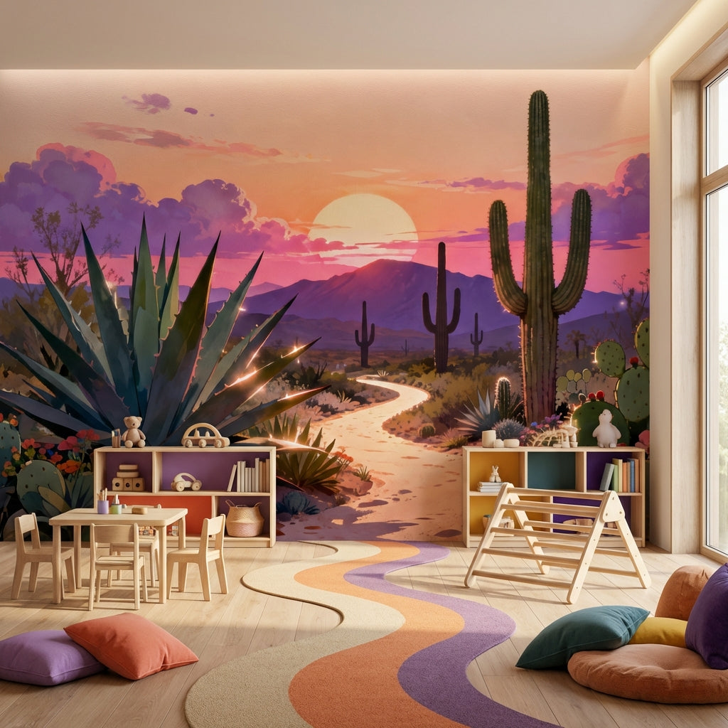 Sensorial Surrealist Desert Sunset Mural Vibrant Biophilic Cactus – room setting, Golden Era Walls