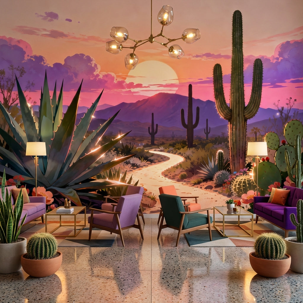 Sensorial Surrealist Desert Sunset Mural Vibrant Biophilic Cactus – lifestyle view, Golden Era Walls