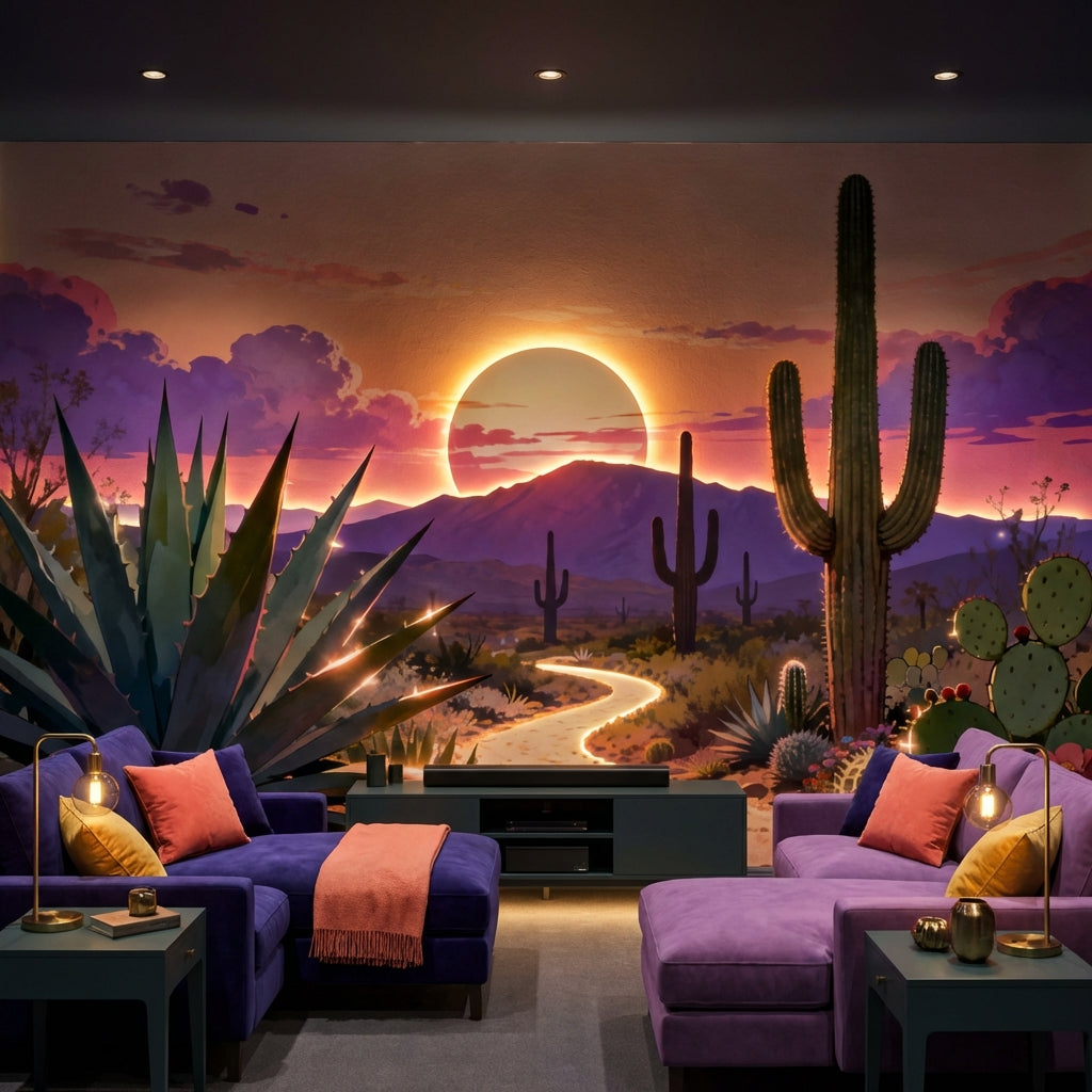 Sensorial Surrealist Desert Sunset Mural Vibrant Biophilic Cactus – detail view, Golden Era Walls