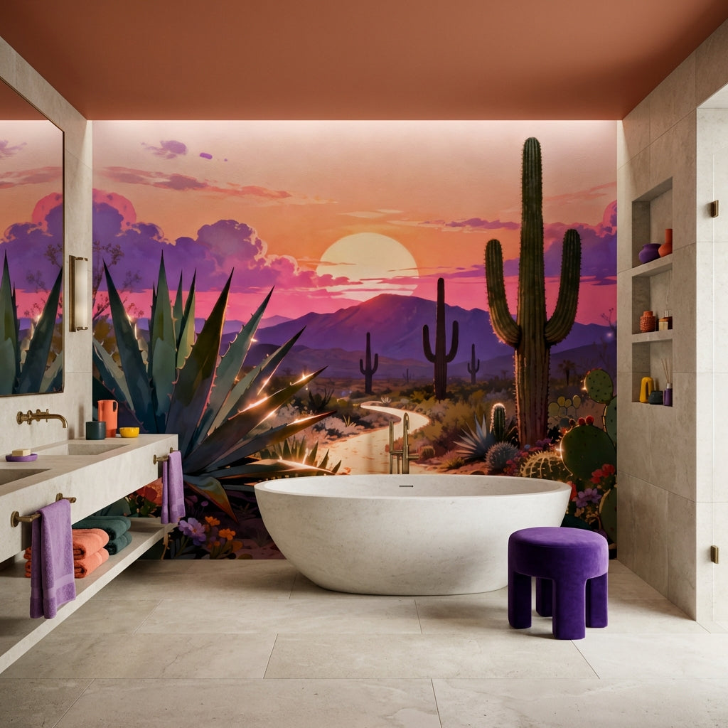 Sensorial Surrealist Desert Sunset Mural Vibrant Biophilic Cactus – scale reference, Golden Era Walls