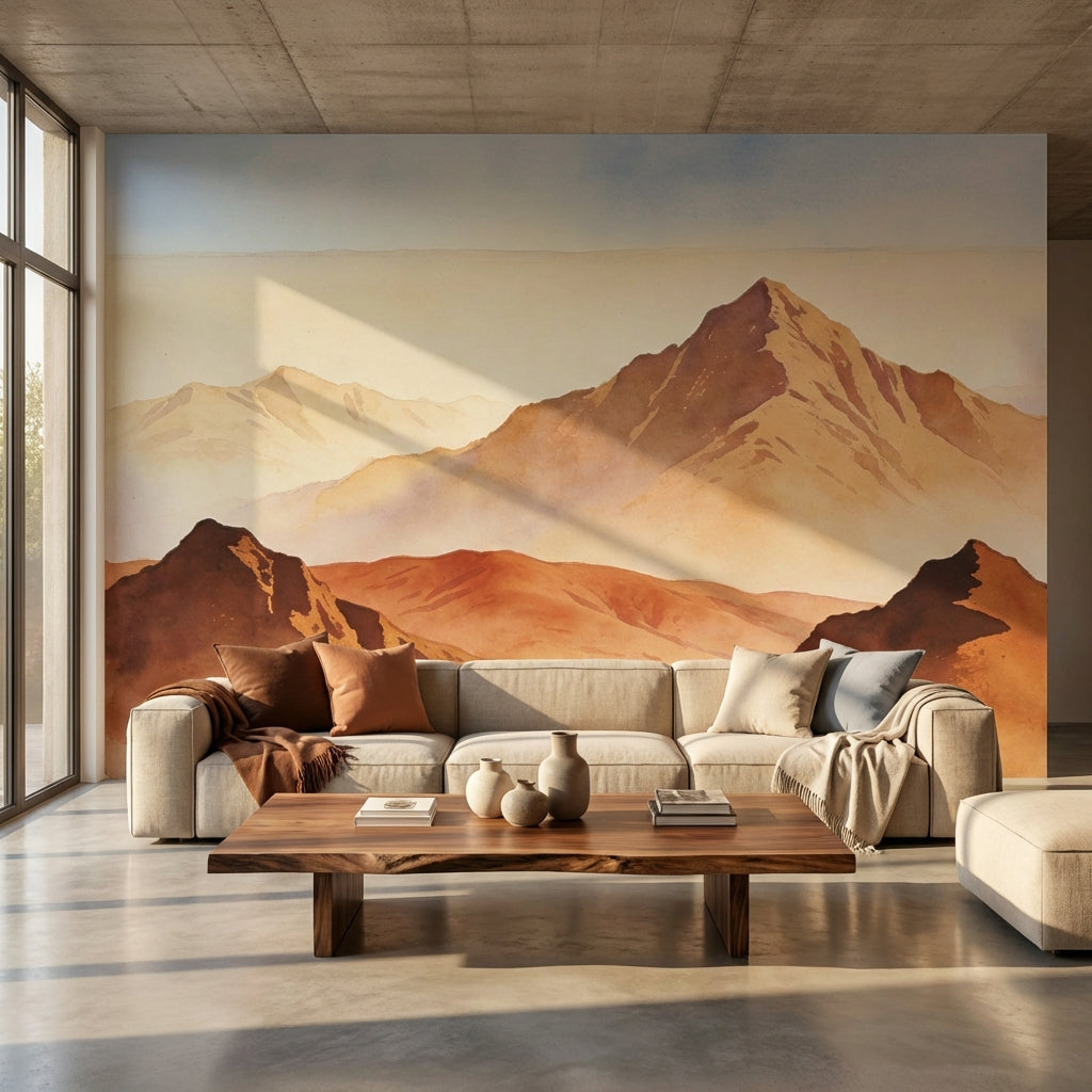 Terracotta Alpine Mist Watercolor Mural Earthy Biophilic Landscape – peel and stick wallpaper mural, Golden Era Walls