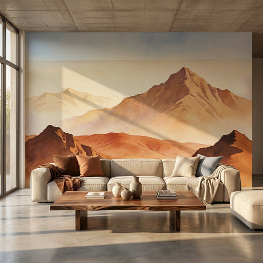 Terracotta Alpine Mist Watercolor Mural Earthy Biophilic Landscape – peel and stick wallpaper mural, Golden Era Walls