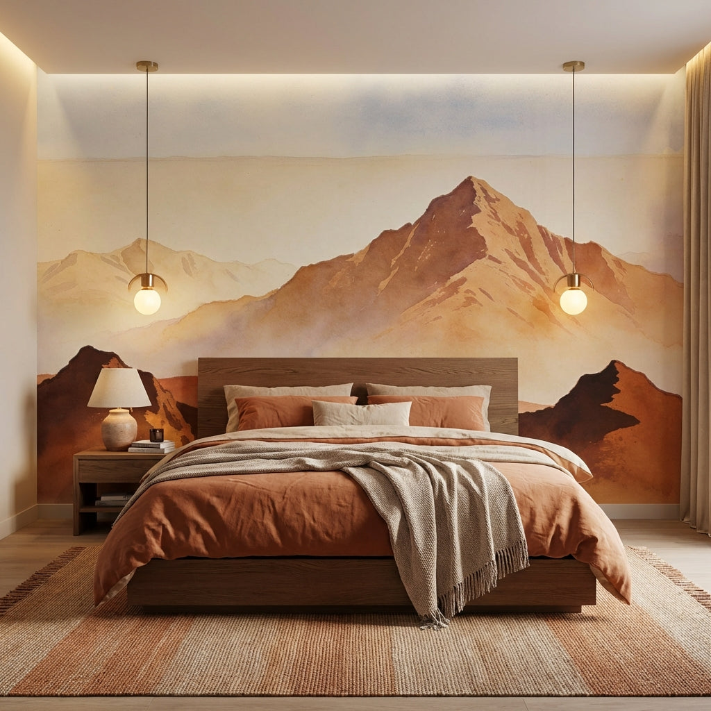 Terracotta Alpine Mist Watercolor Mural Earthy Biophilic Landscape – room setting, Golden Era Walls