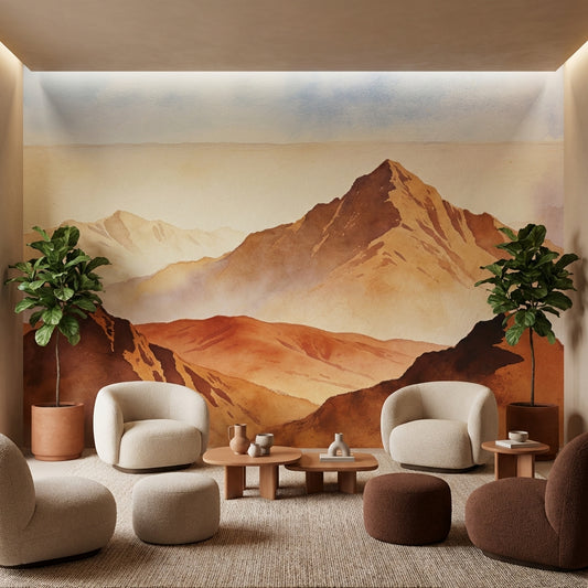 Terracotta Alpine Mist Watercolor Mural Earthy Biophilic Landscape – lifestyle view, Golden Era Walls