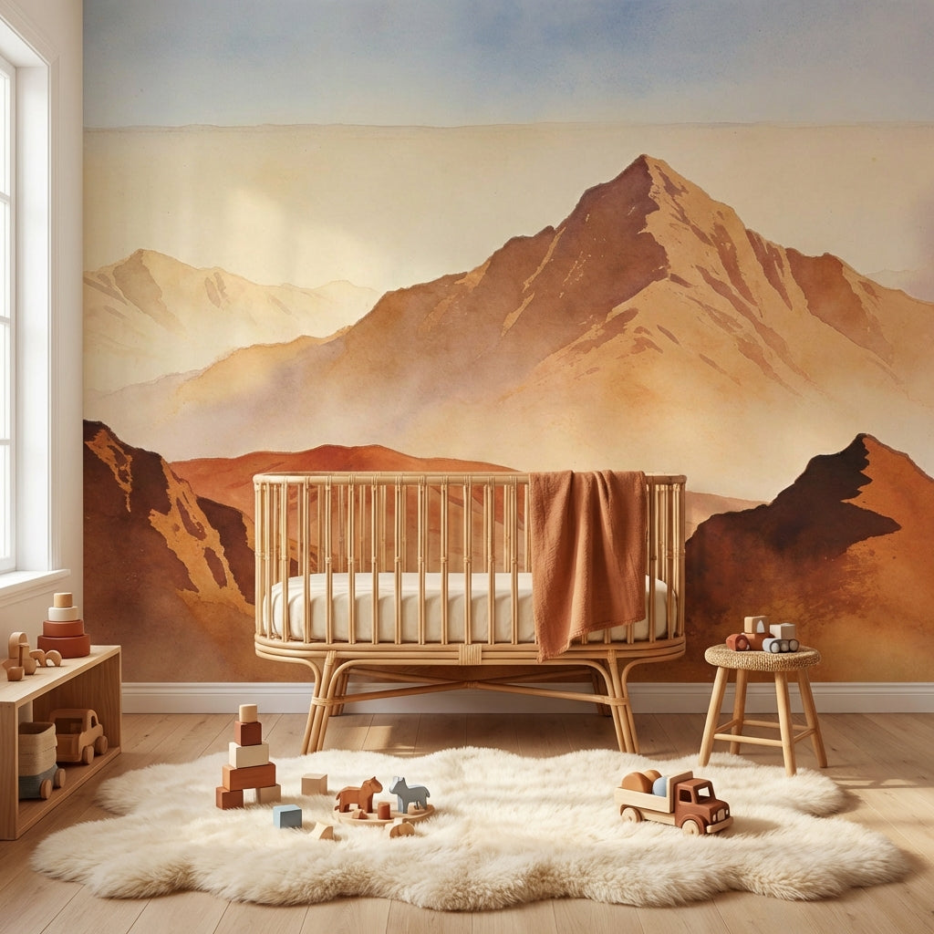 Terracotta Alpine Mist Watercolor Mural Earthy Biophilic Landscape – detail view, Golden Era Walls